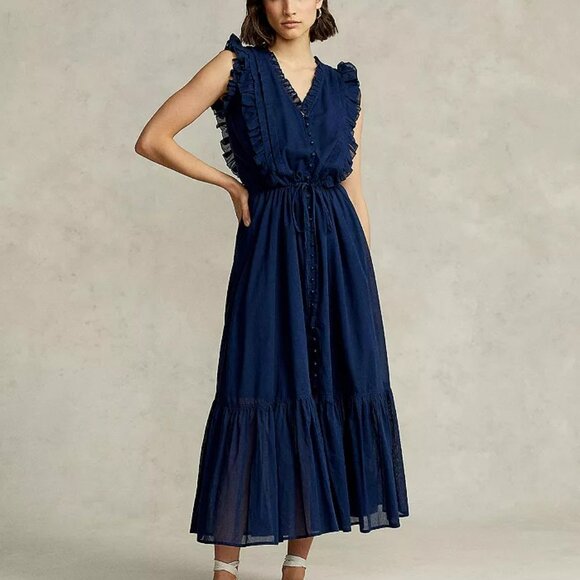 Polo Ralph Lauren Dresses & Skirts - Polo Ralph Lauren Ruffle Trim Cotton Sleeveless Dress NWT Sz 2 Navy Blue Midcalf